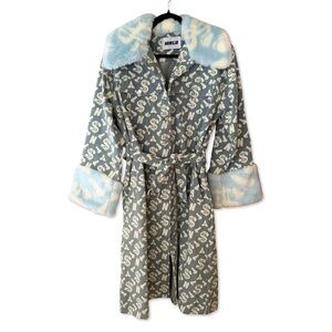 Namilia Peen print denim coat trench monogram dollar sign faux fur Dolls kill S